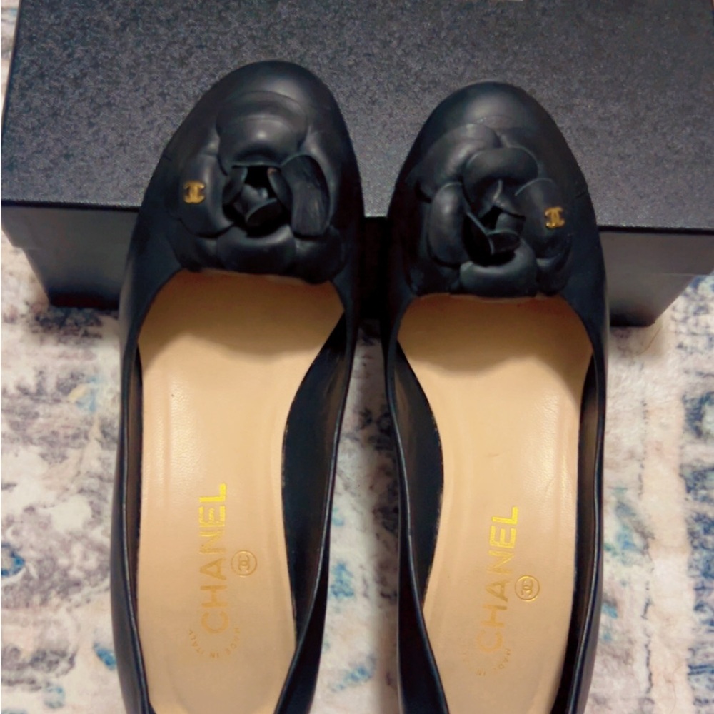 Chanel Black Flats with Floral Accent